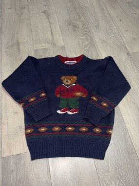 Express Navy Crewneck Bear Sweater with Red and Green Accents
